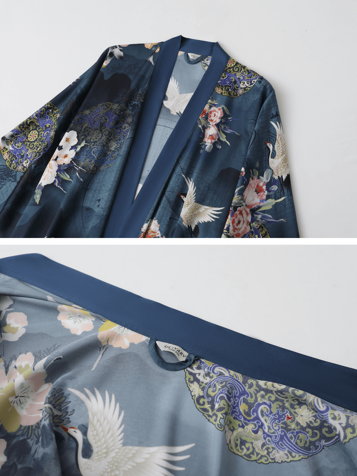 Short blue crane-print kimono robe, product view 13