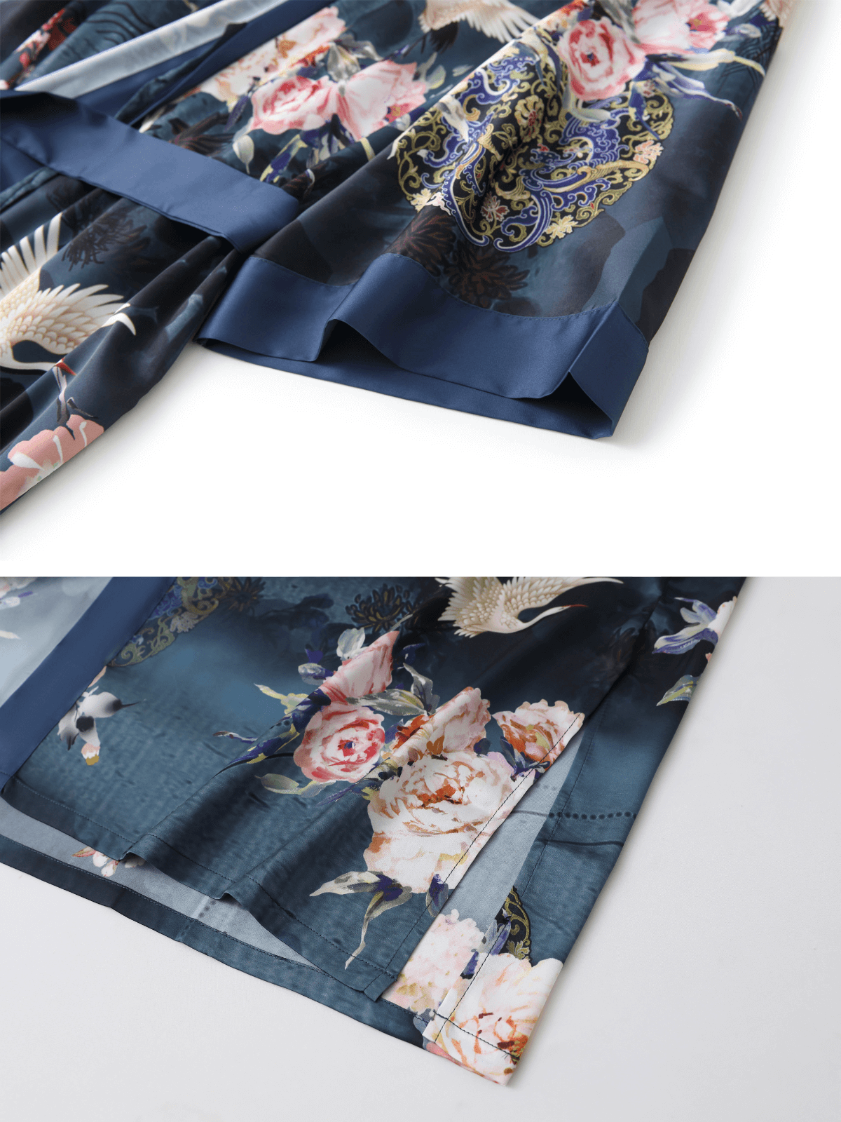Short blue crane-print kimono robe, product view 14