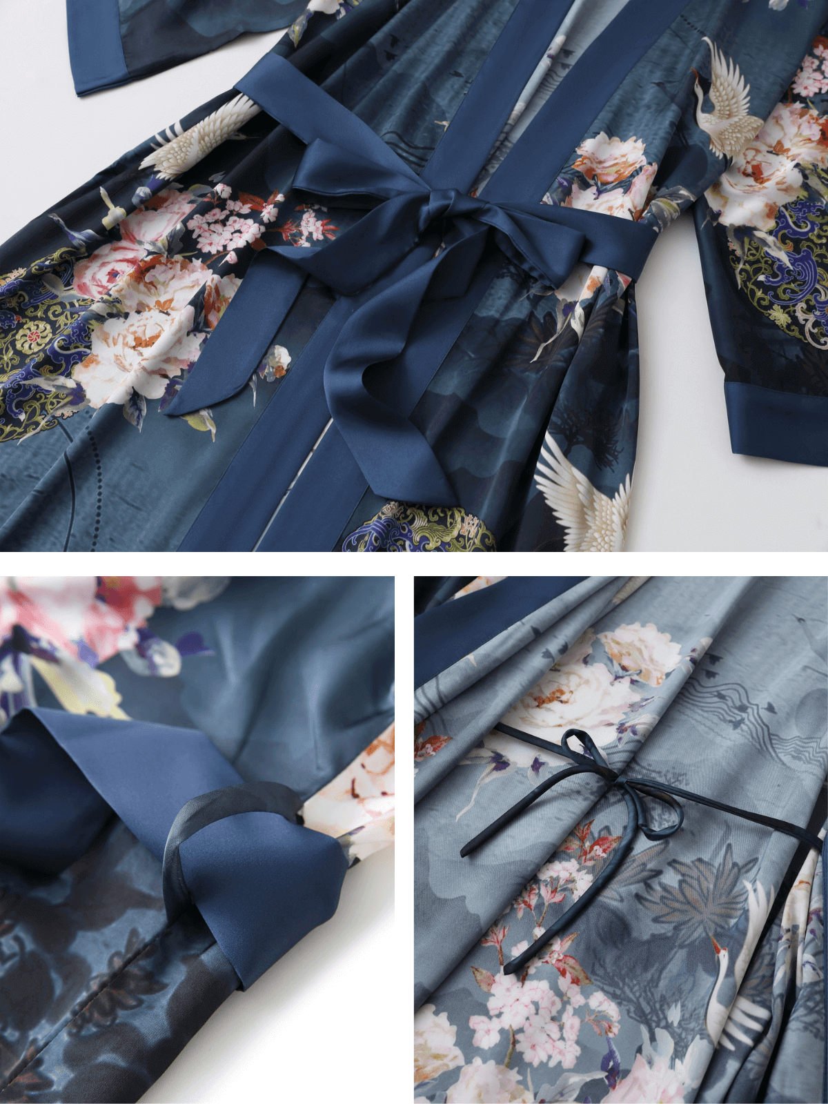 Short blue crane-print kimono robe, product view 15