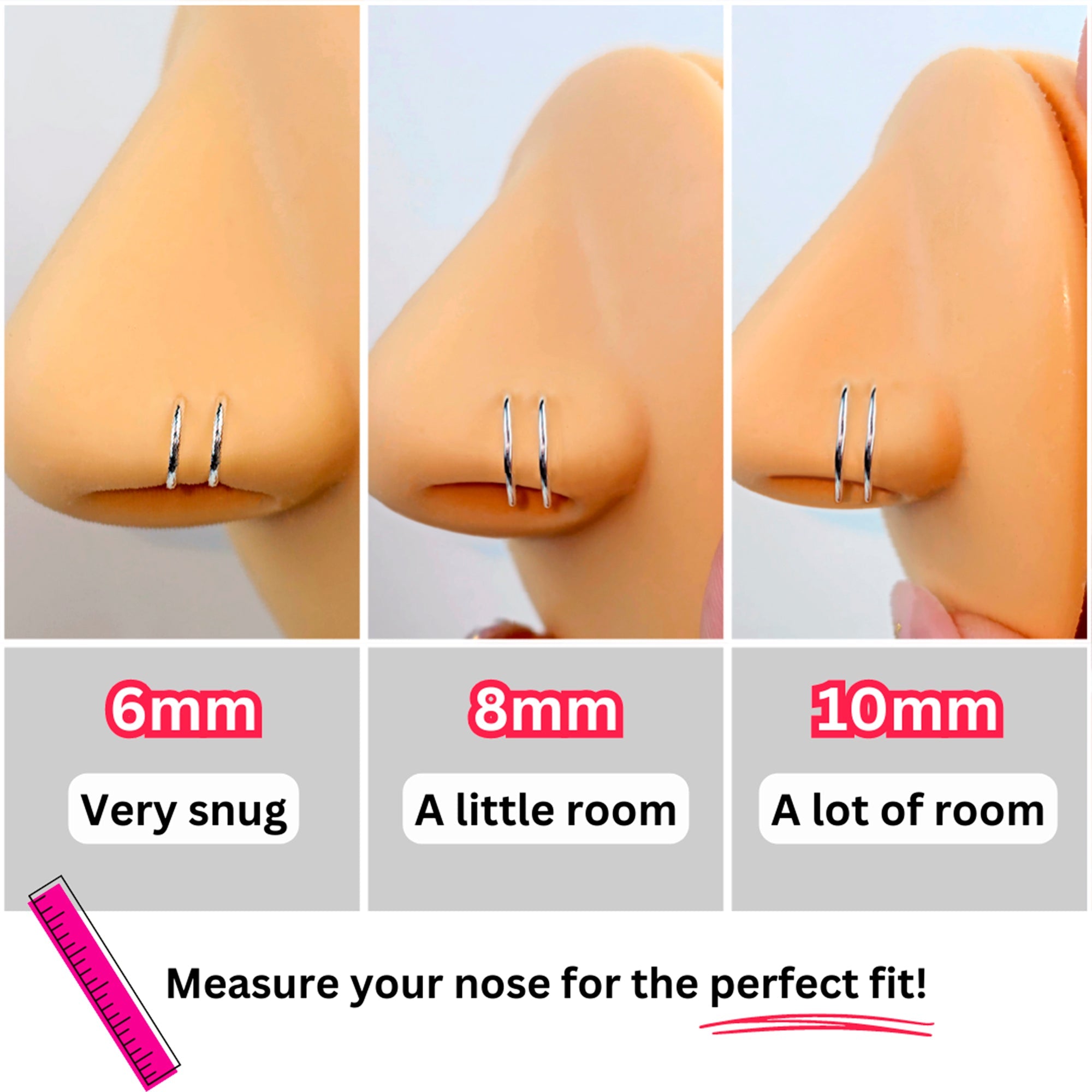 Double-hoop nose ring sizing guide view 2
