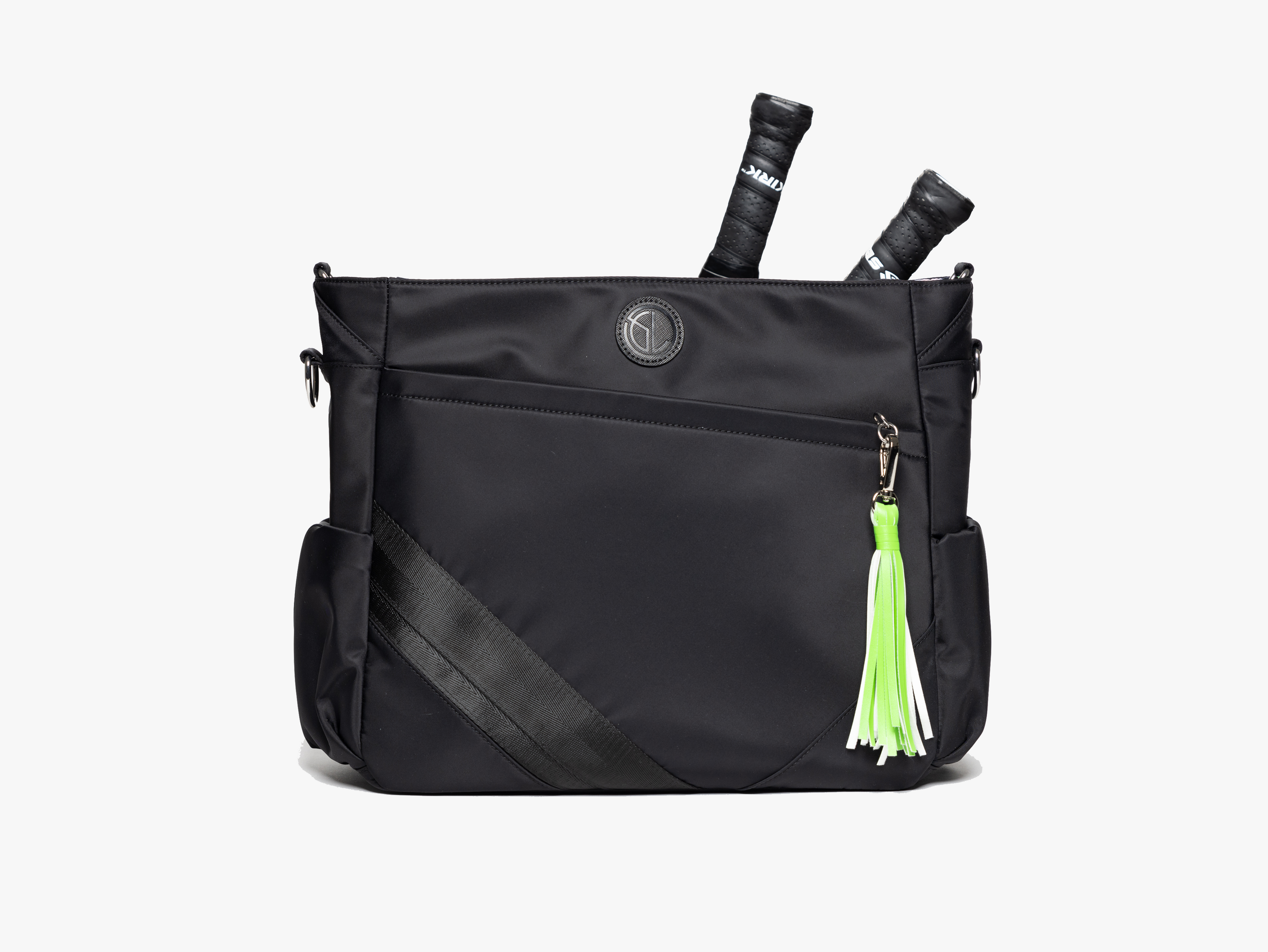 Tournament Traveler bag with bright green tassel and paddles