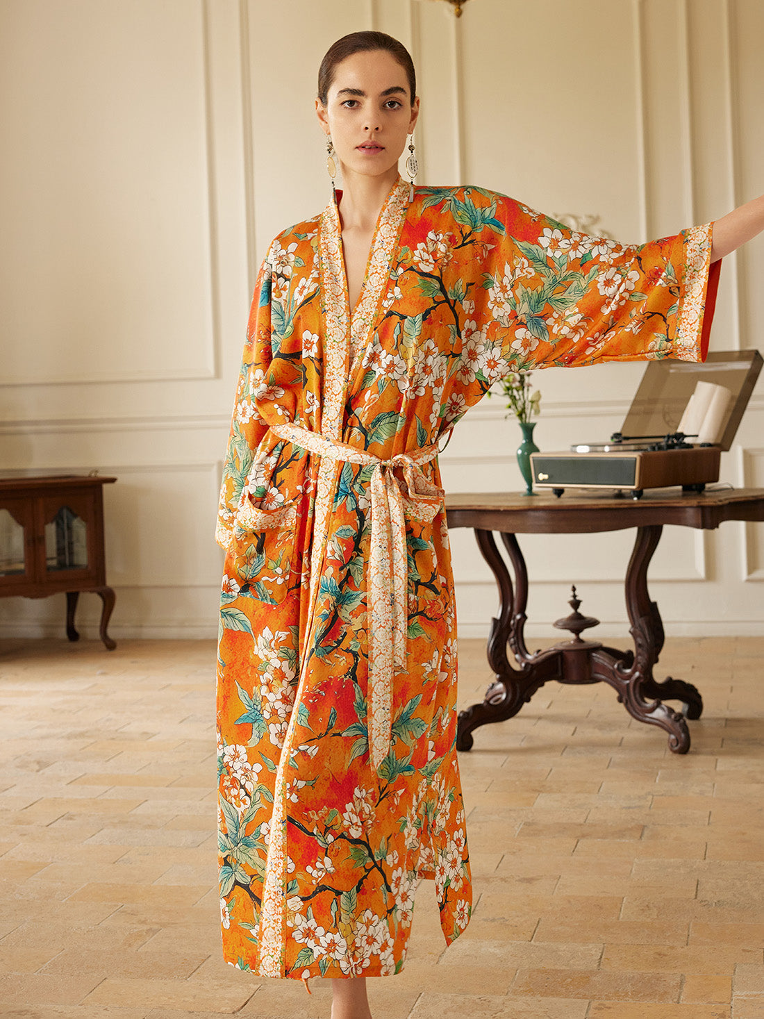 Orange camellia-print kimono robe, product view 1