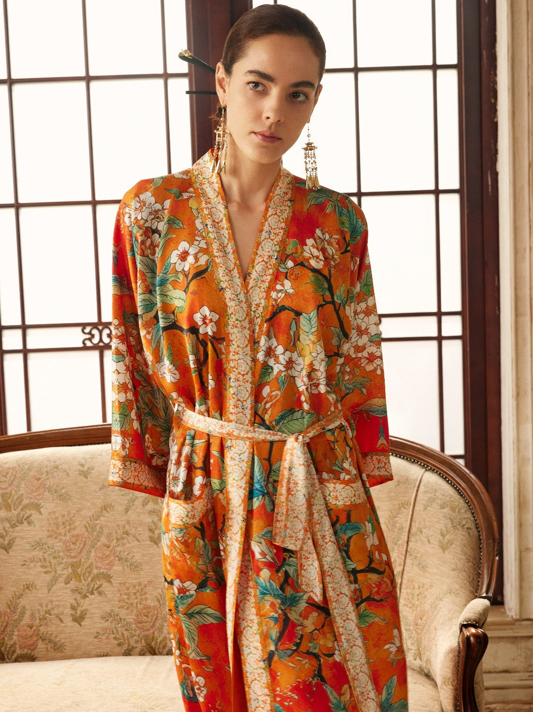 Orange camellia-print kimono robe, product view 2