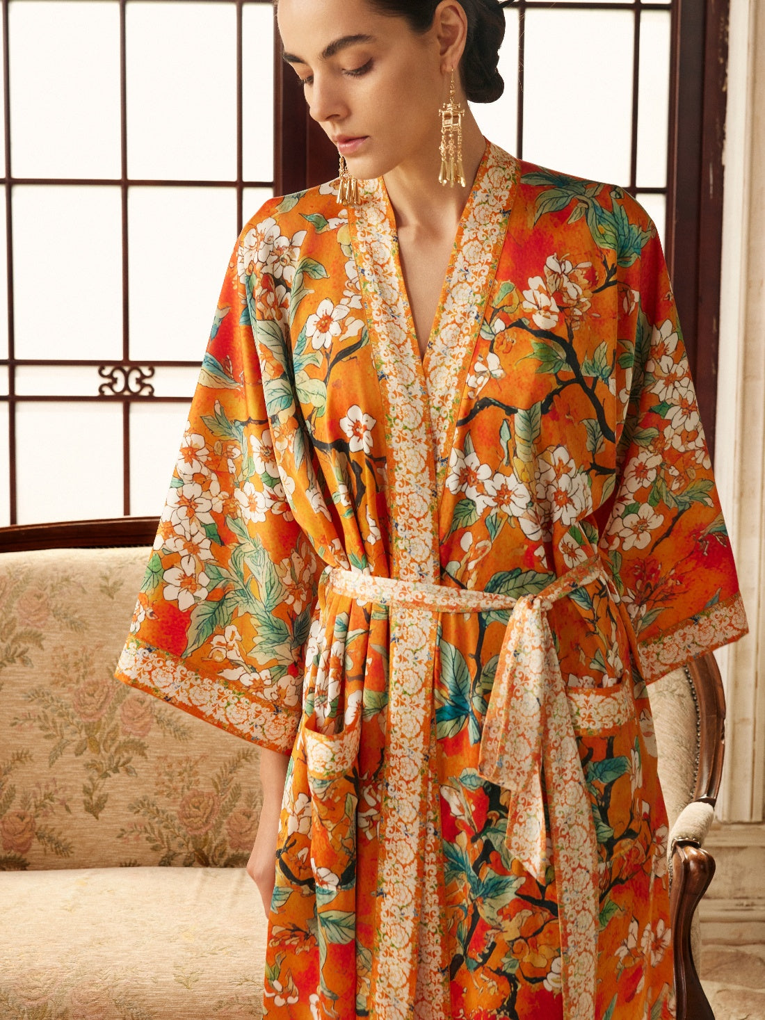 Orange camellia-print kimono robe, product view 3