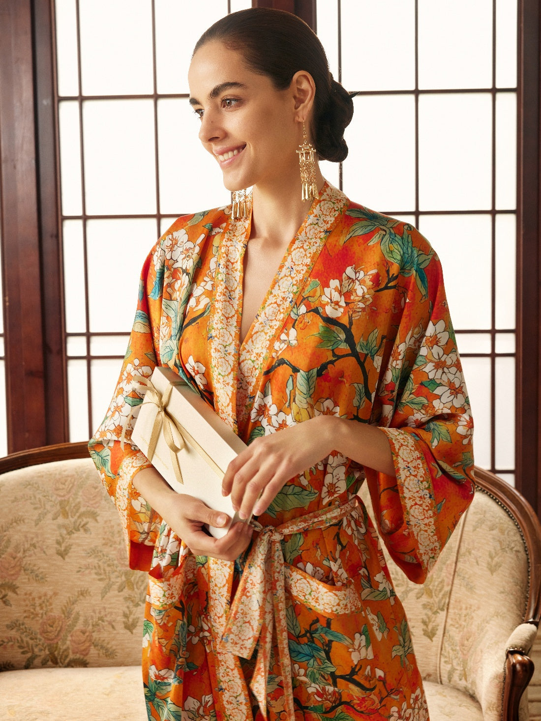 Orange camellia-print kimono robe, product view 4