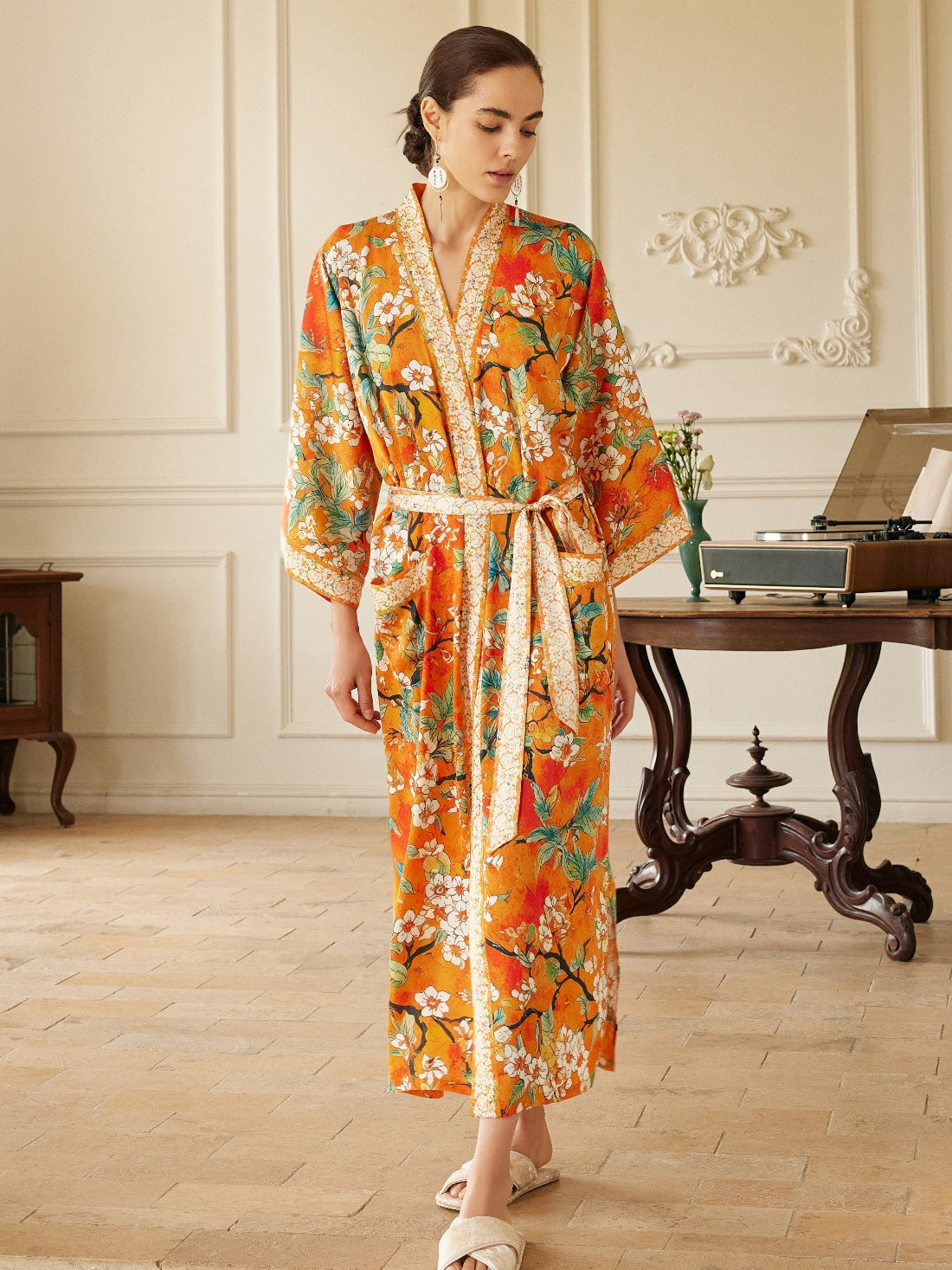 Orange camellia-print kimono robe, product view 5