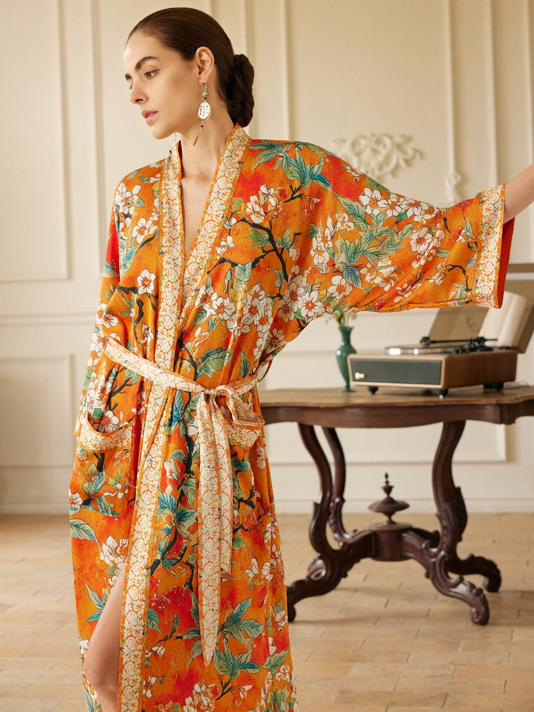 Orange camellia-print kimono robe, product view 6