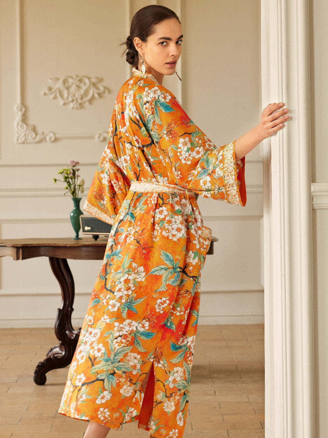 Orange camellia-print kimono robe, product view 7