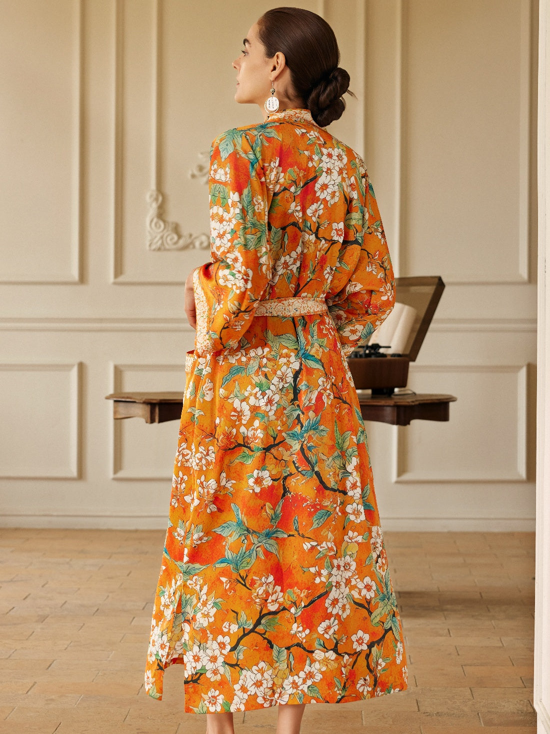 Orange camellia-print kimono robe, product view 8