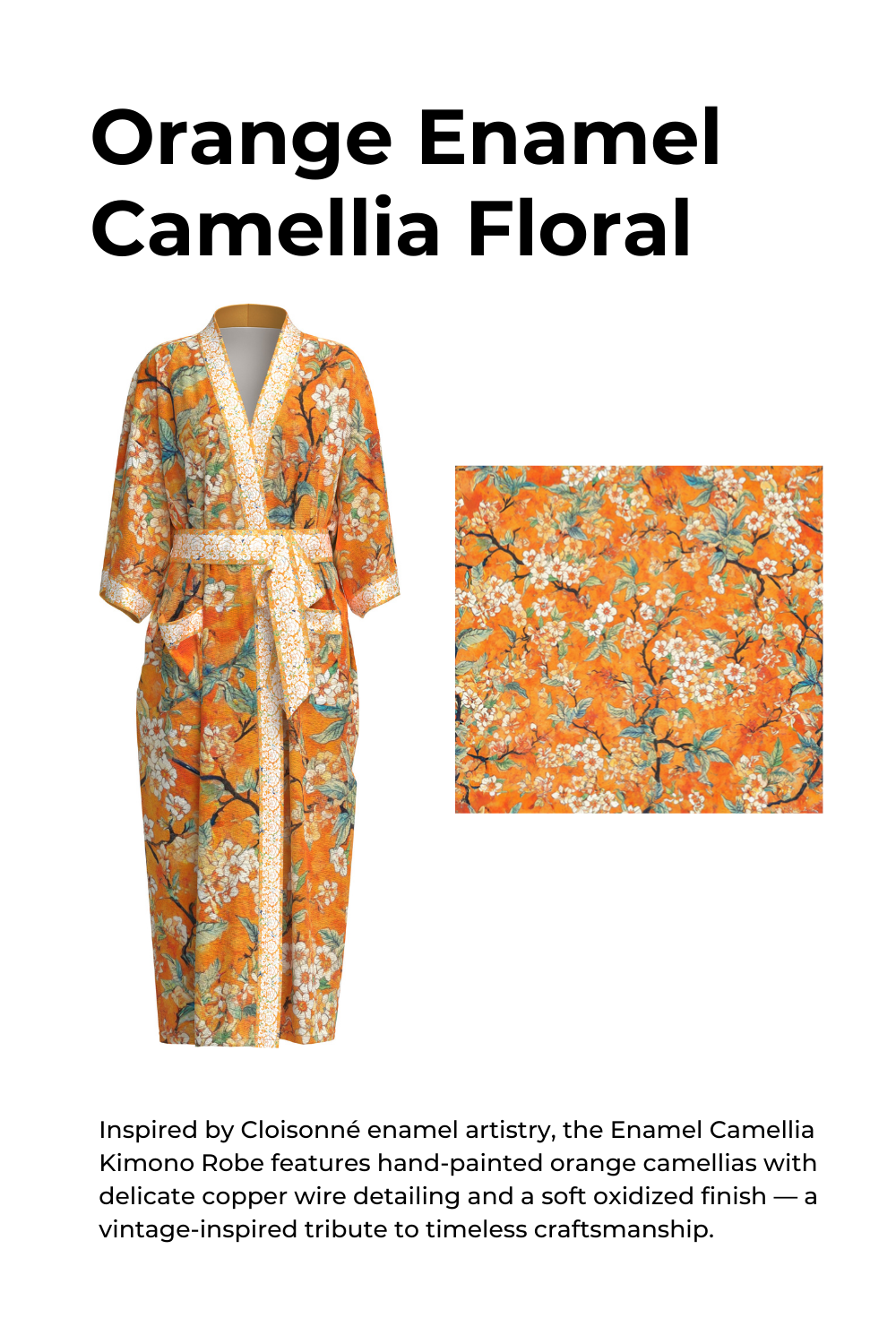 Orange camellia-print kimono robe, product view 9