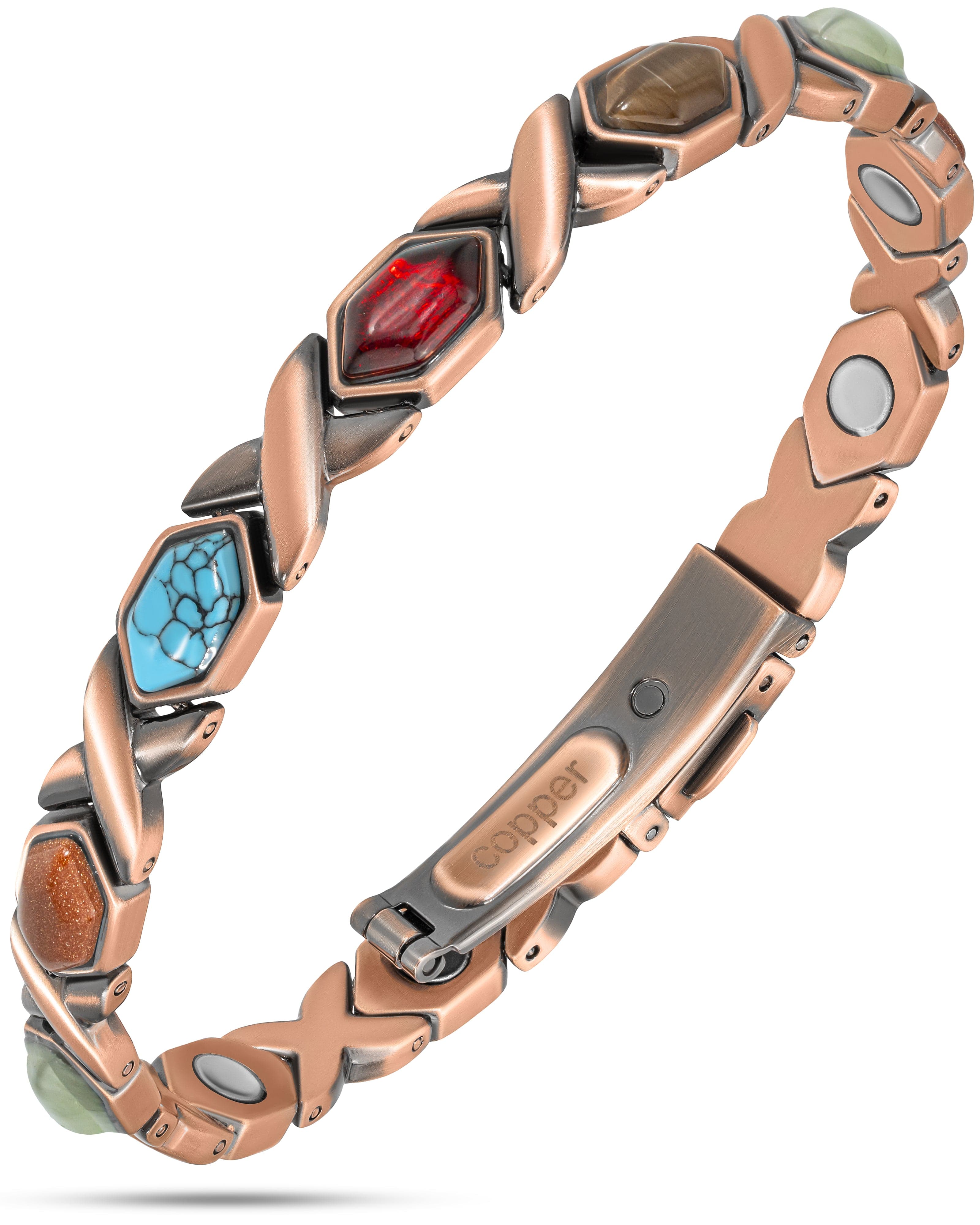 Mixed-stone copper bracelet with colorful gemstone accents