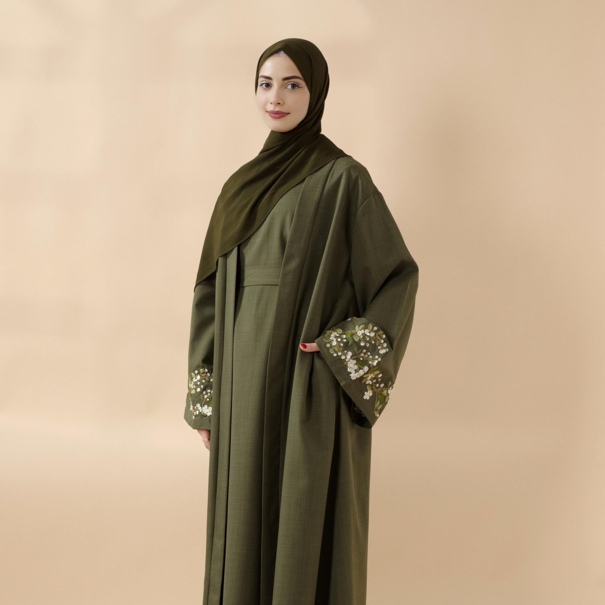 Olive branch embroidered open abaya set with matching layers