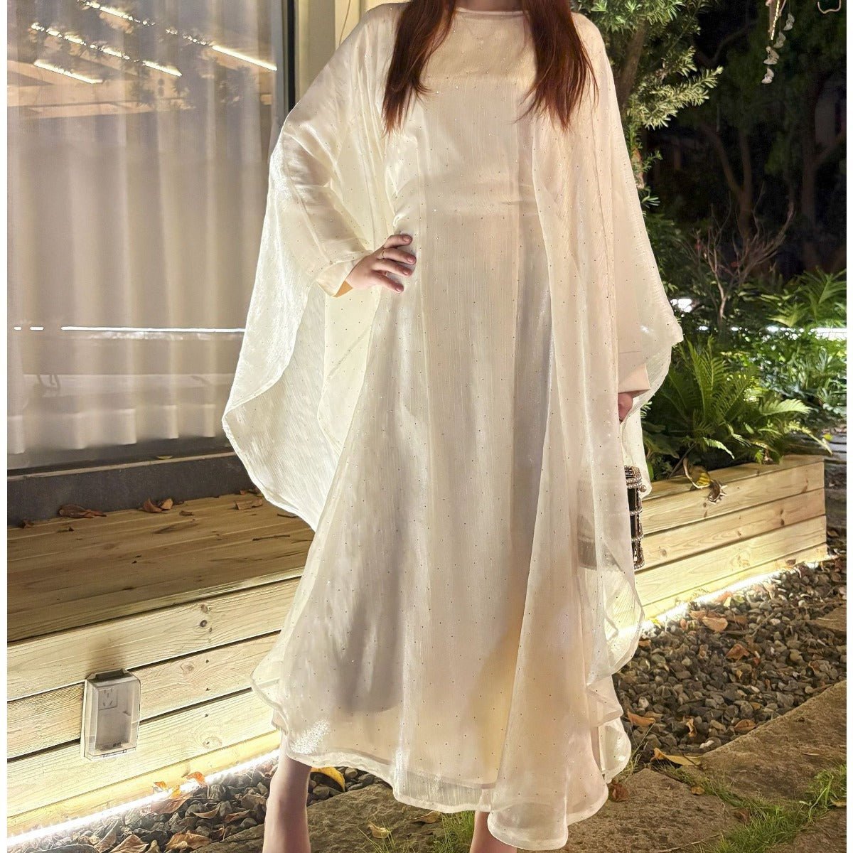 Sequin cape abaya dress with flowing two-piece silhouette