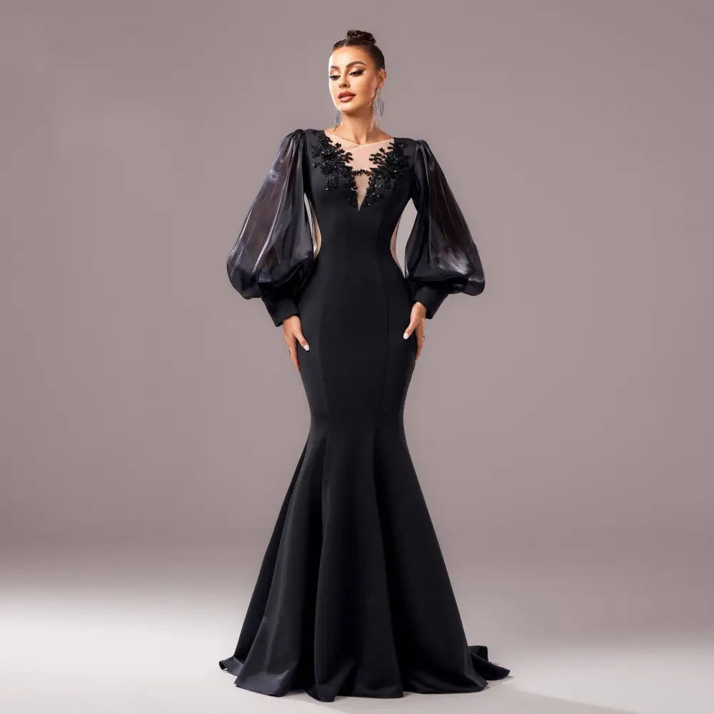 Black puff-sleeve fishtail gown view 1