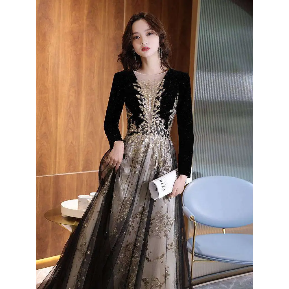 Black and gold long-sleeve gown alternate view 6
