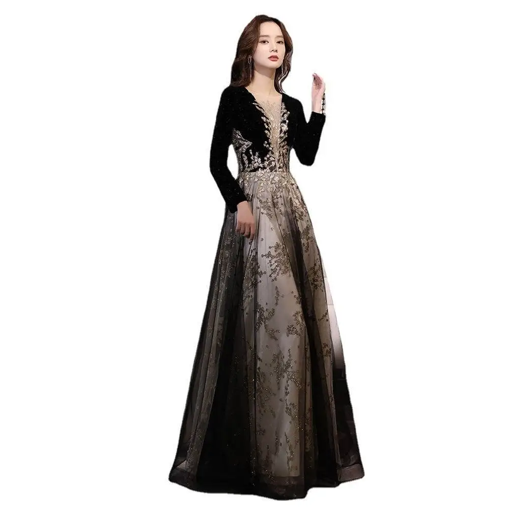 Black and gold embroidered evening gown view 2