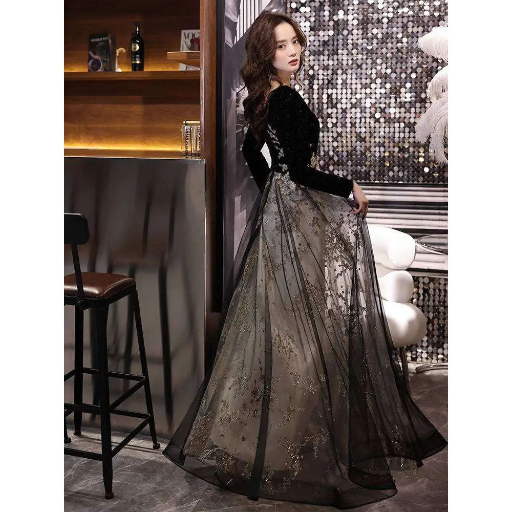 Black long-sleeve gown with gold embroidery view 3