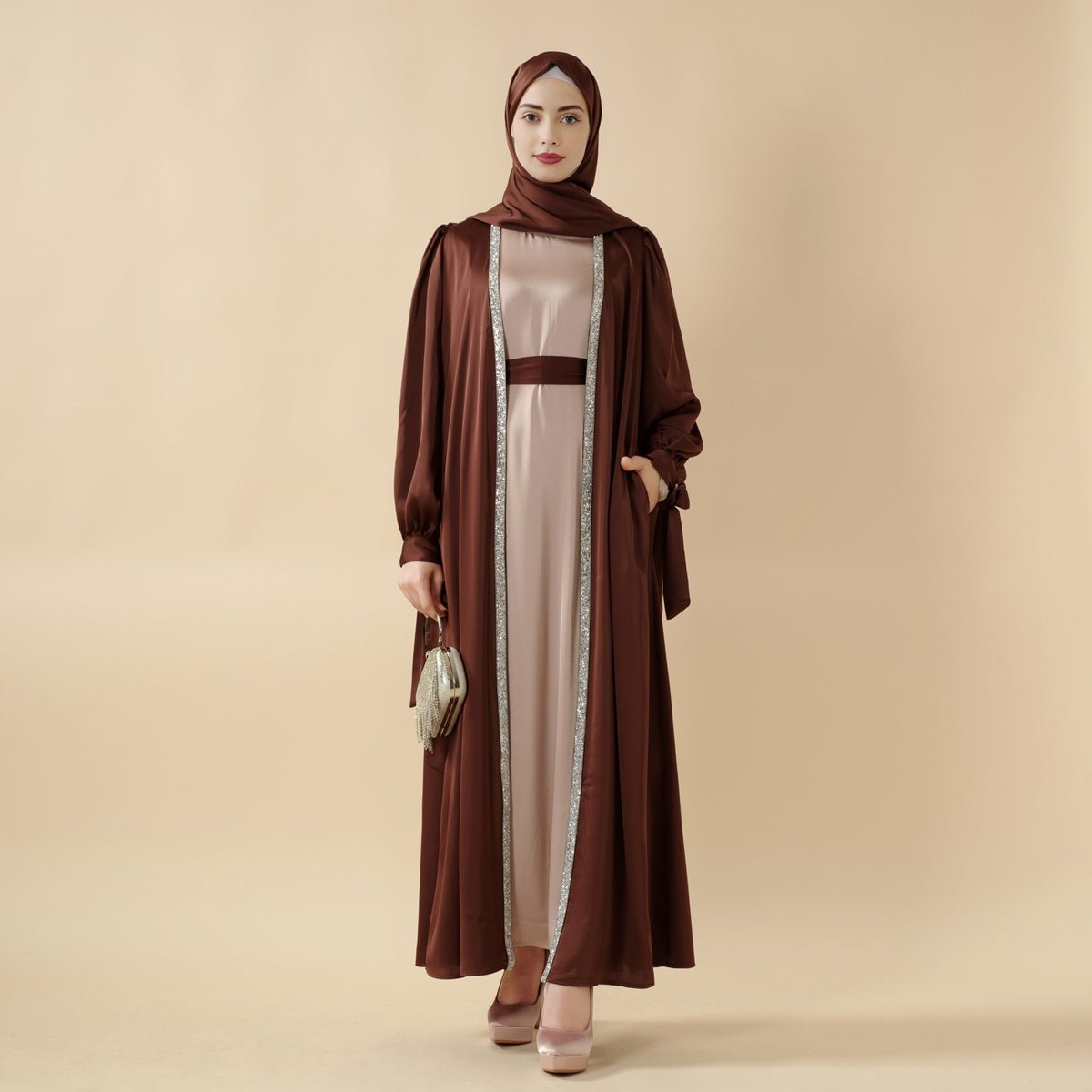 Bow-tie sleeve open abaya set with inner dress, belt and hijab
