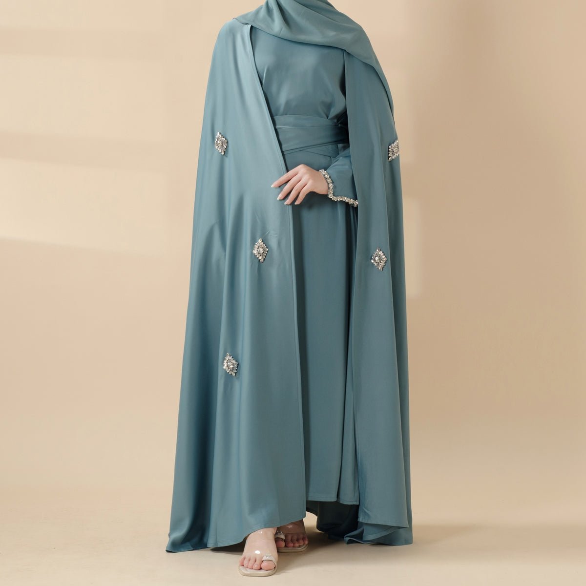 Rhinestone cape abaya set with flowing outer layer and coordinating dress
