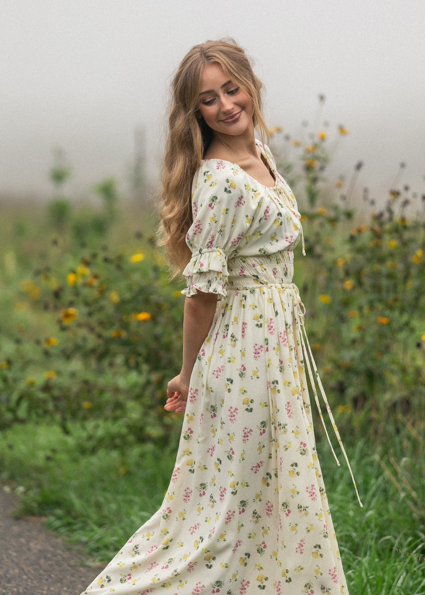 Celine maxi dress with cream floral print and neckline tie