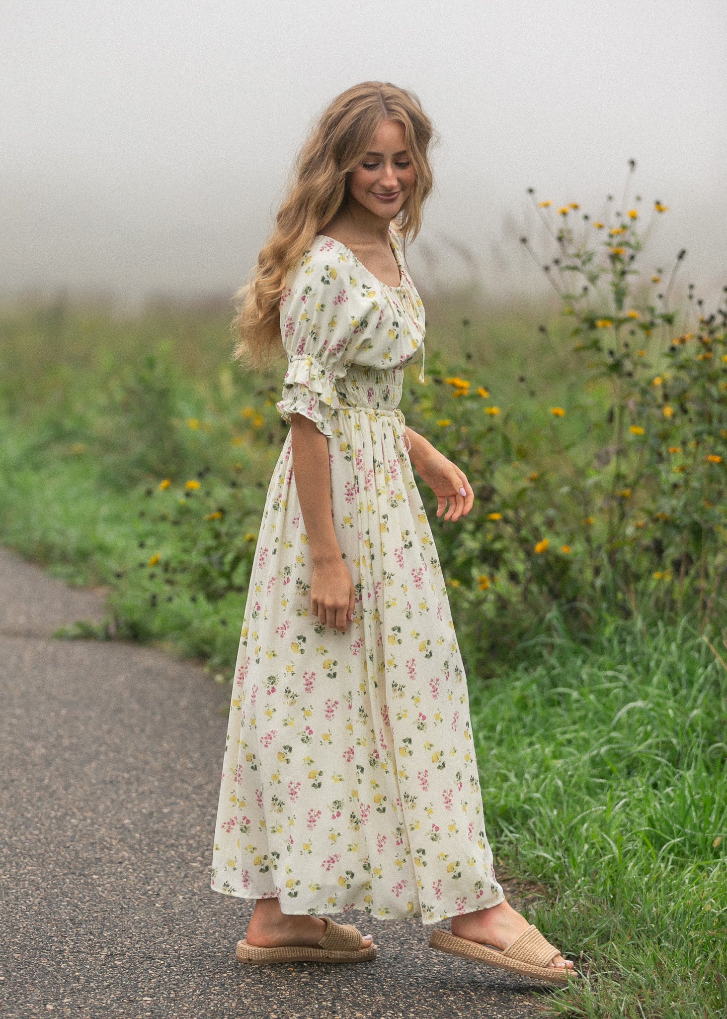 Celine cream floral maxi dress in a semi-fitted silhouette
