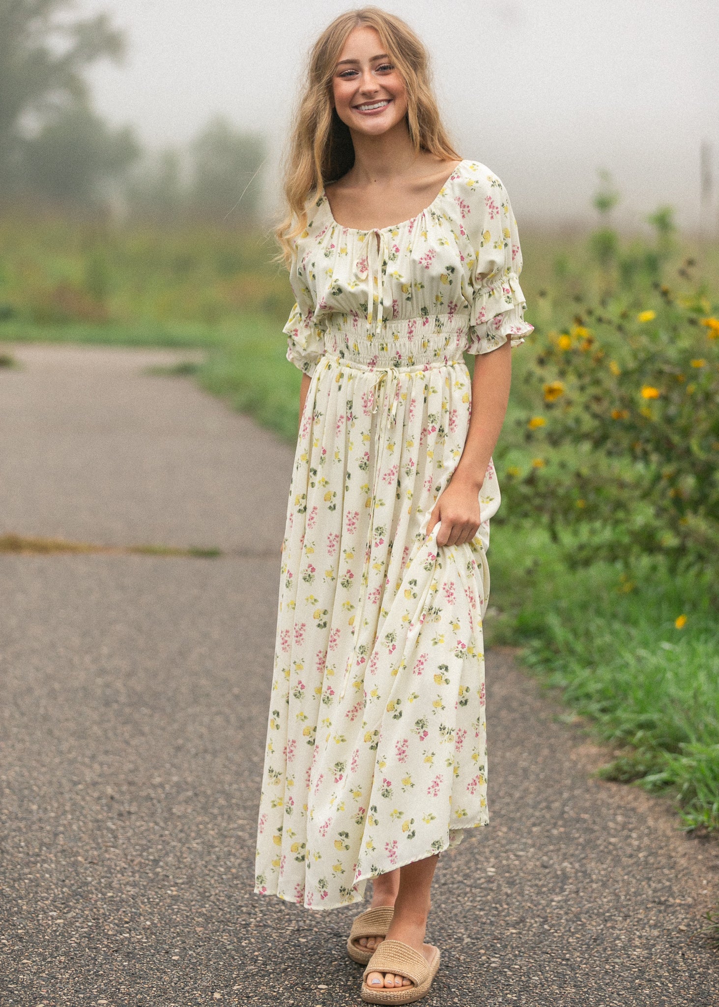 Celine floral maxi dress with romantic puff-sleeve shape