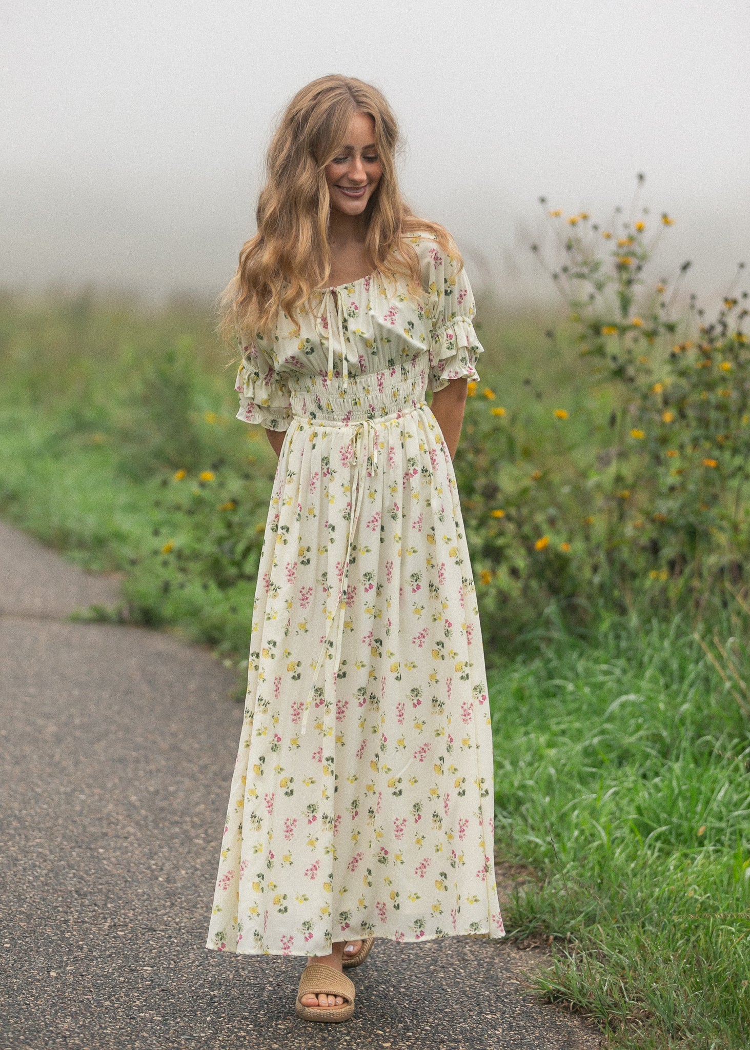 Celine cream floral maxi dress with double puff sleeves