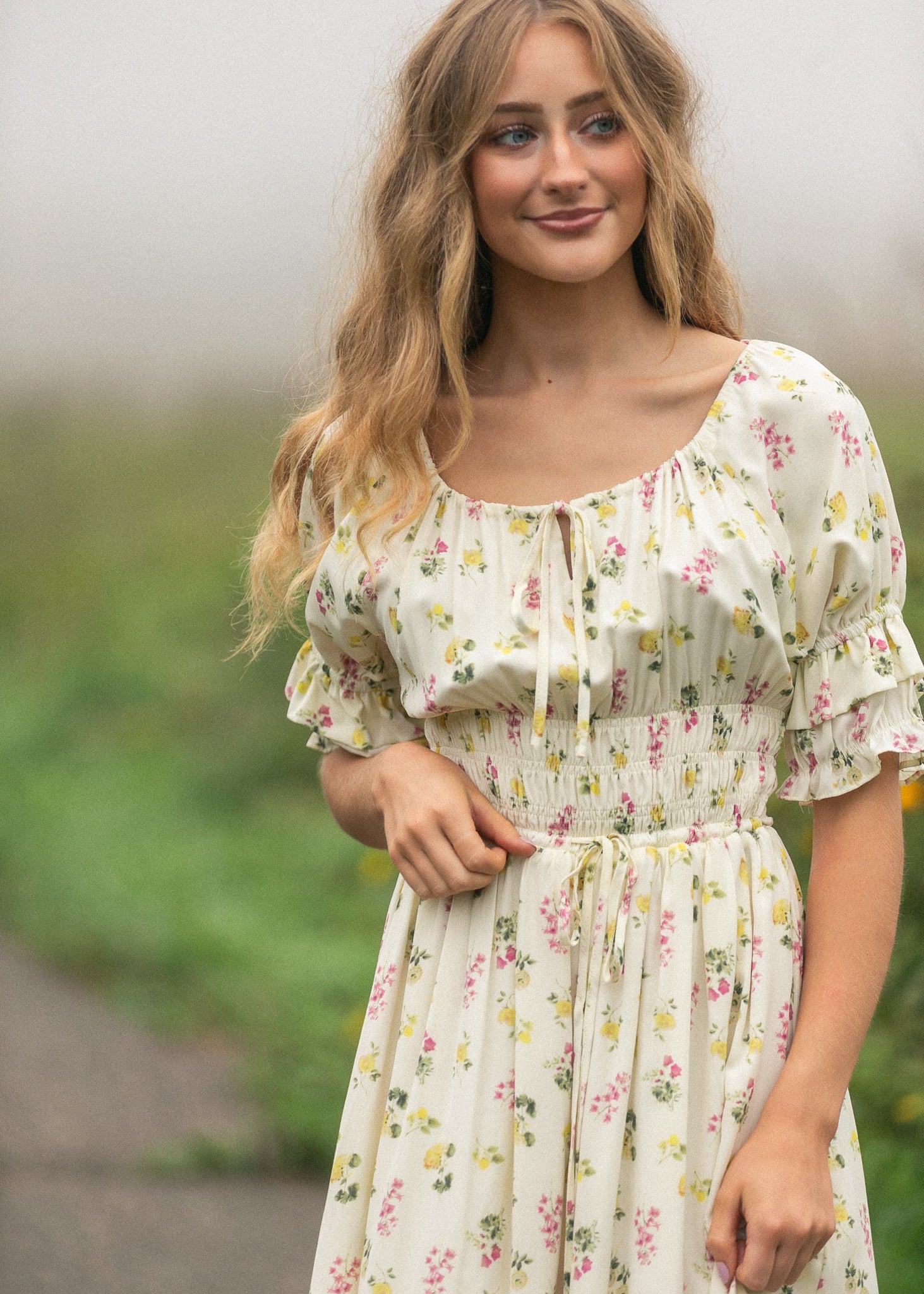 Celine cream floral maxi dress with double puff sleeves