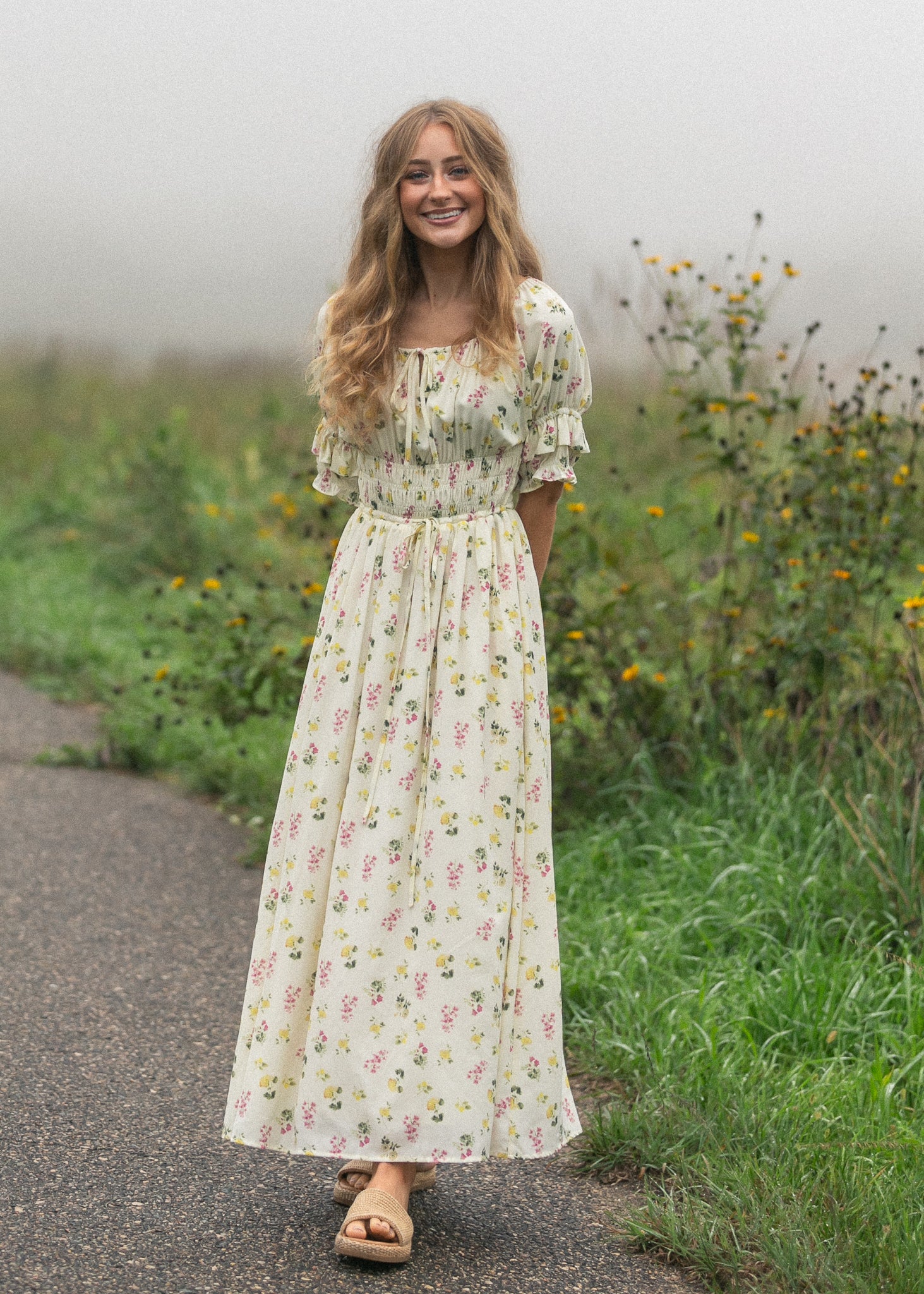 Celine floral maxi dress showing its soft full-length drape