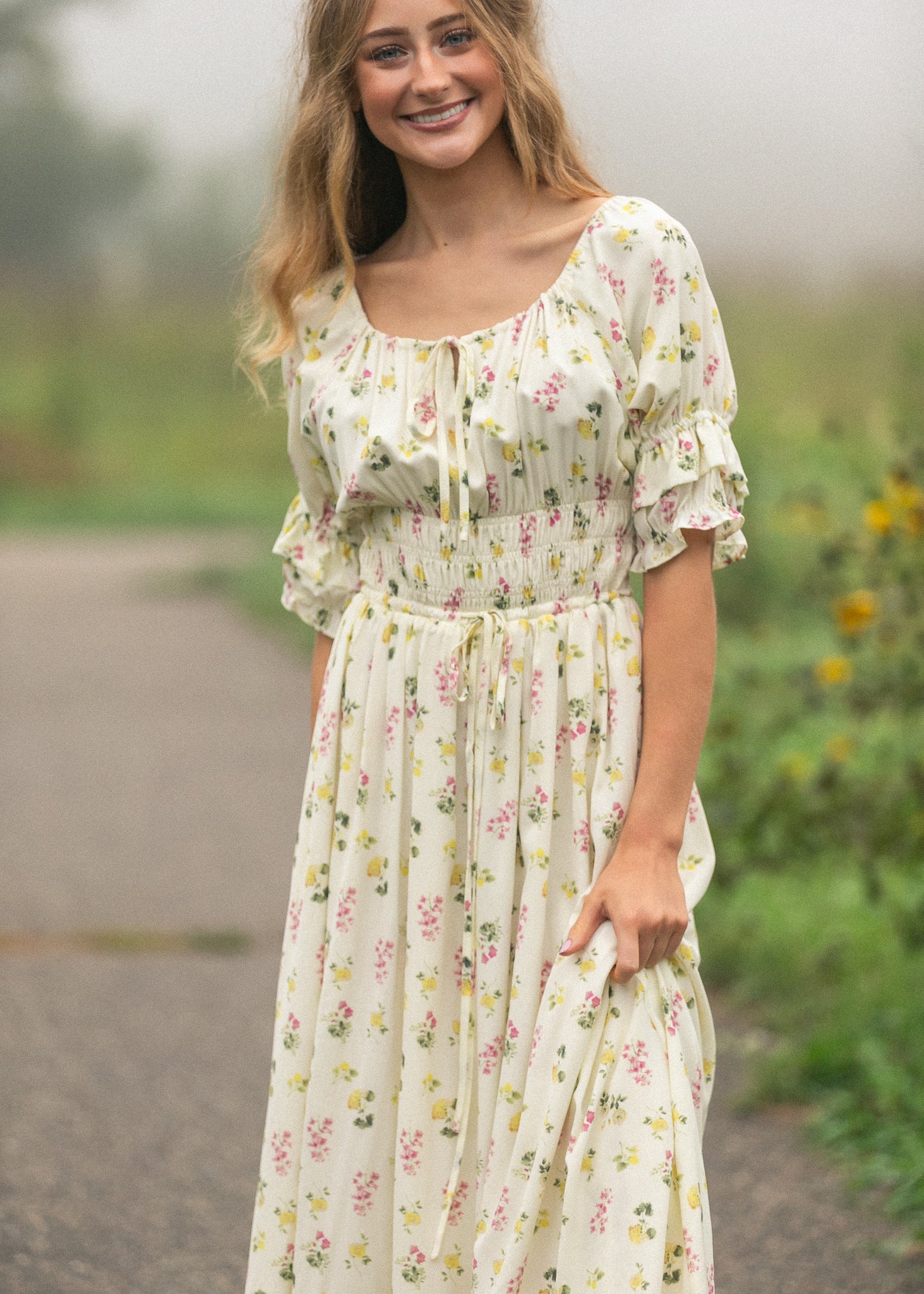 Celine cream floral occasion dress with semi-fitted waist