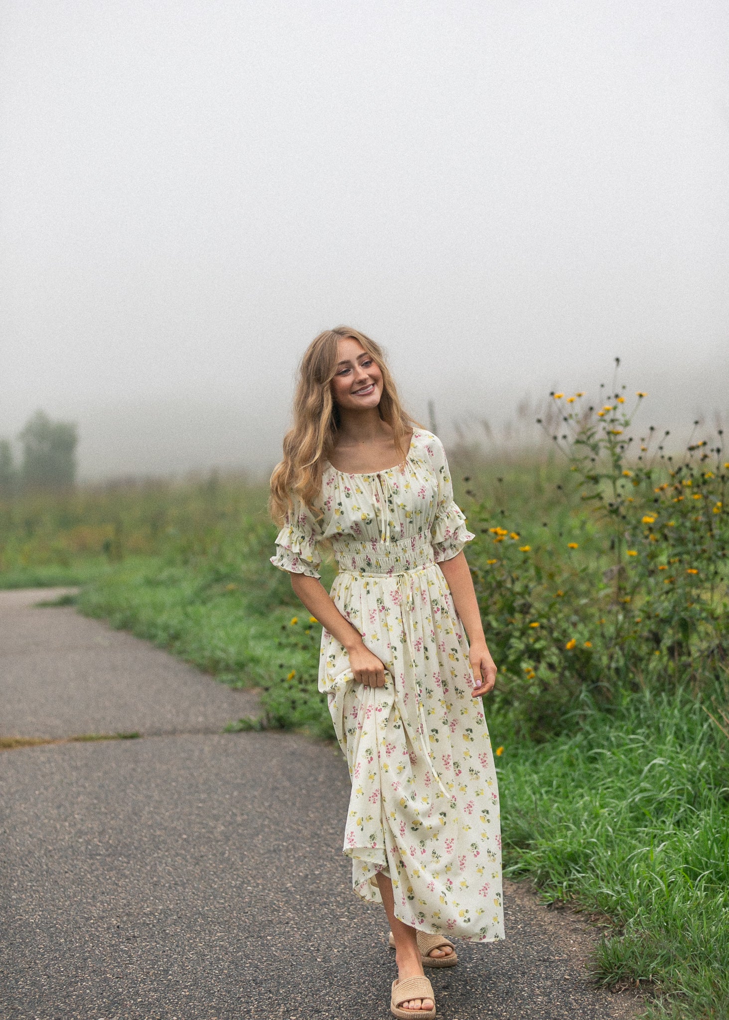Celine cream floral dress with scoop neckline and tie detail