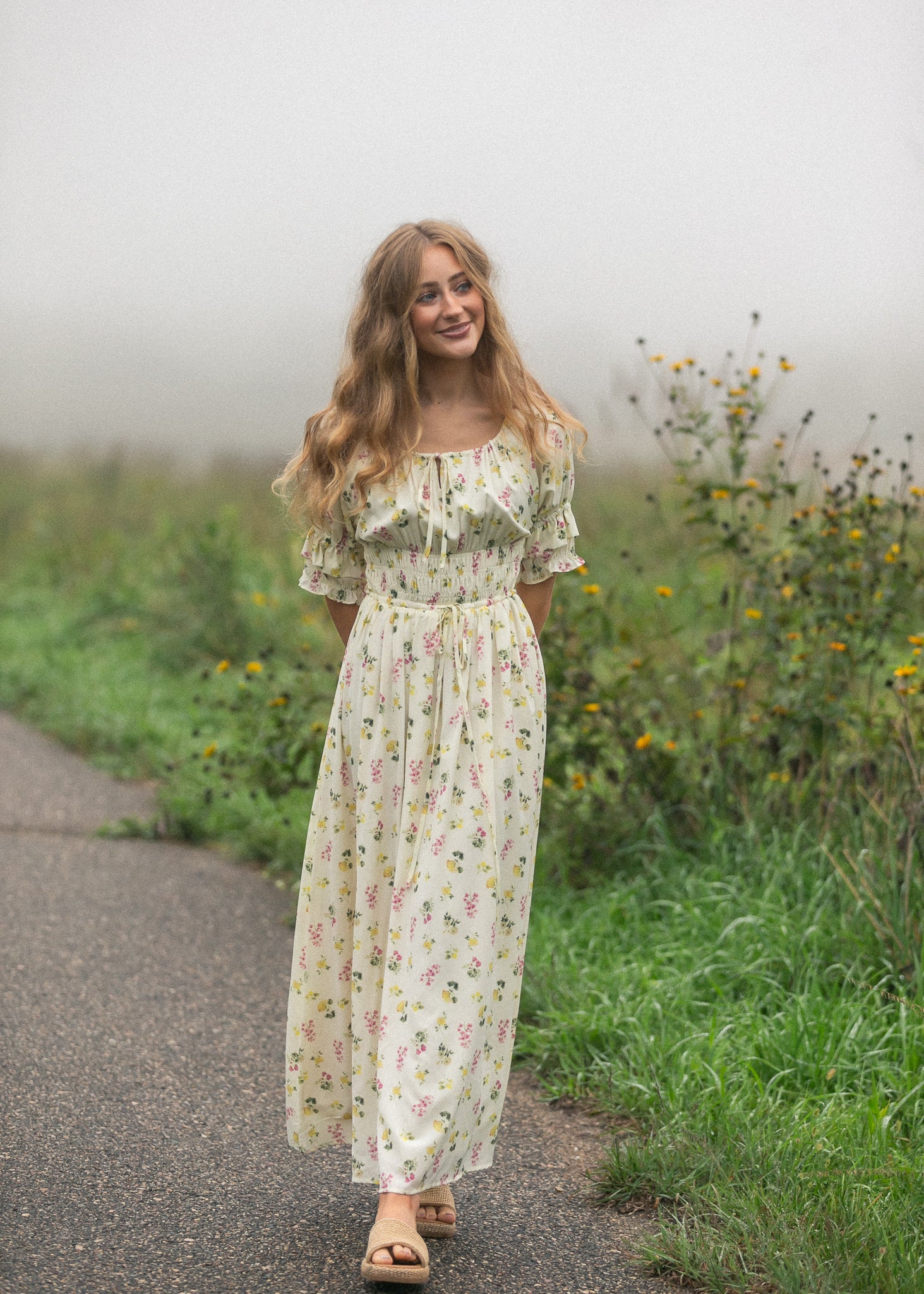 Celine cream floral occasion dress with double puff sleeves