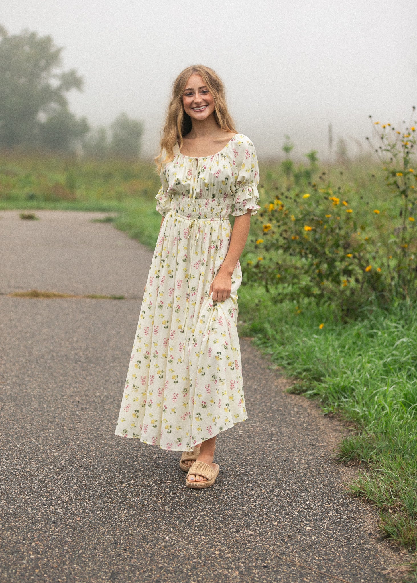Celine puff-sleeve floral maxi dress for weddings and events