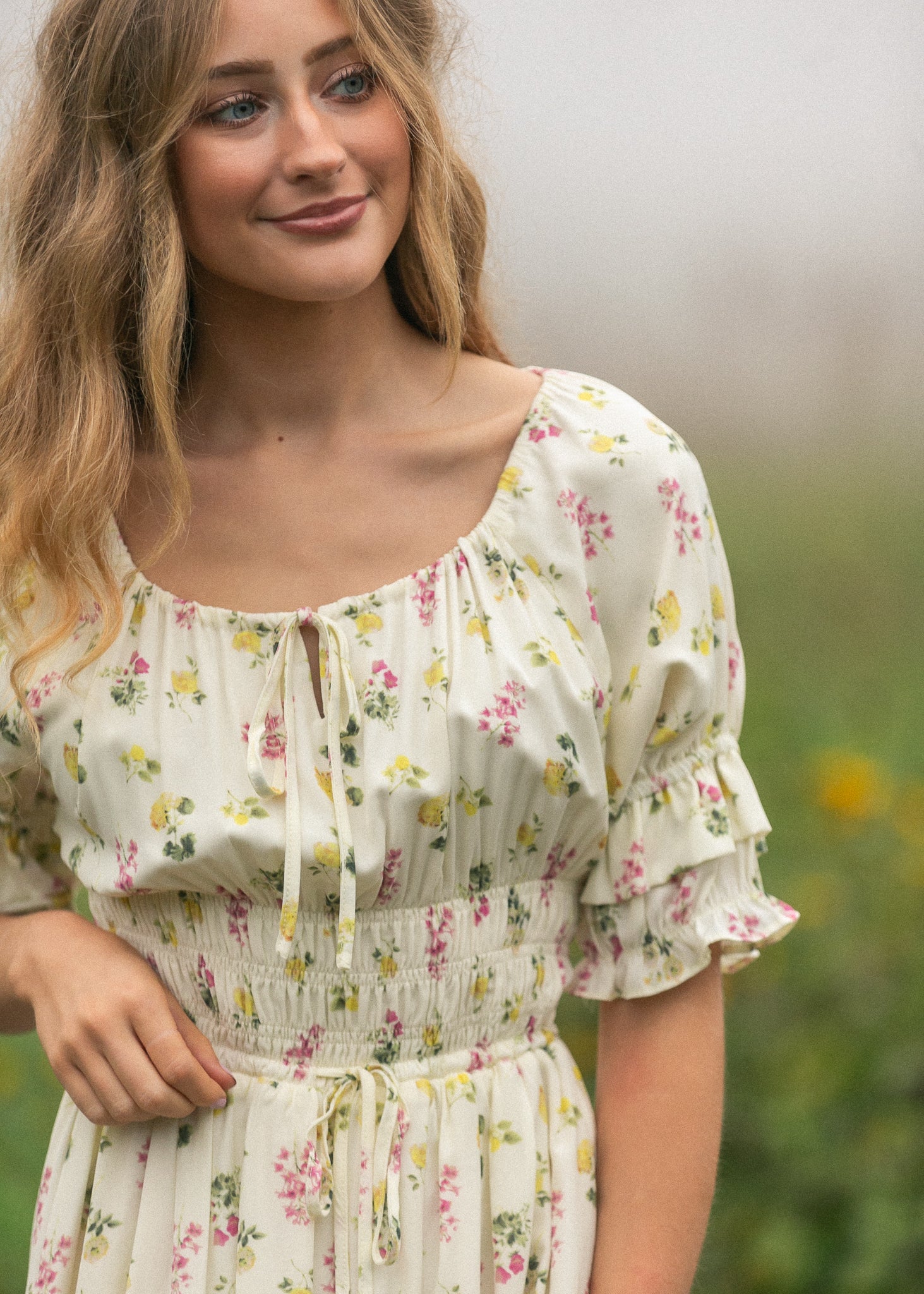 Celine cream floral maxi dress with functional neck tie