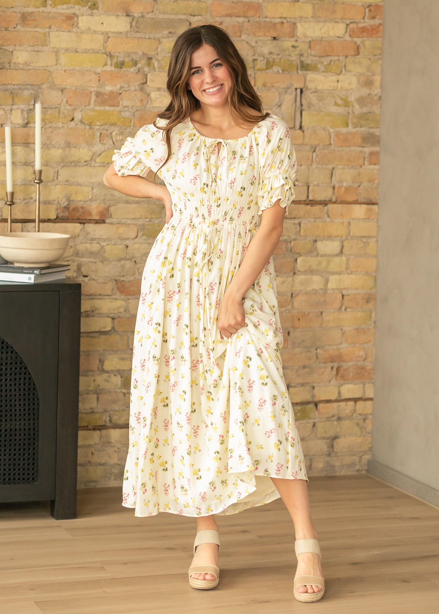 Celine cream floral maxi dress with functional neckline tie