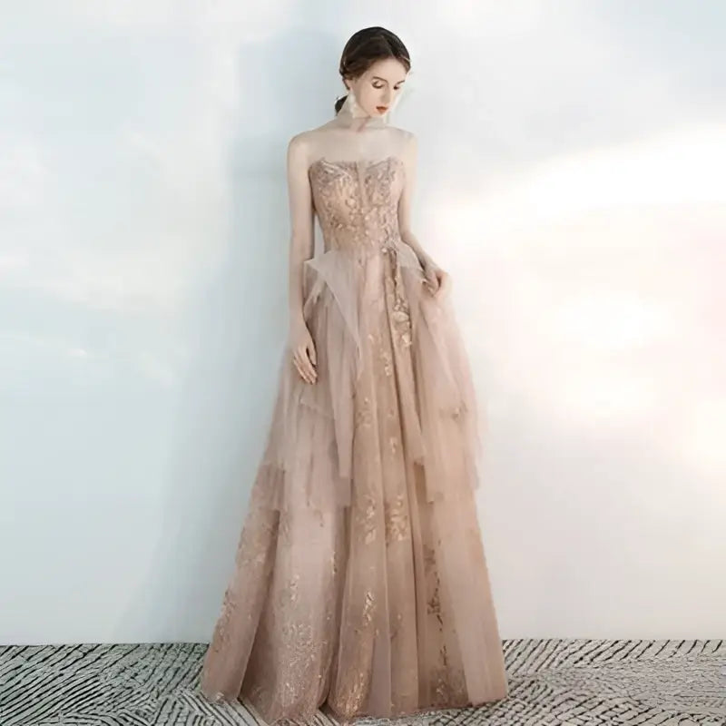 Champagne embroidered gown detail view 5