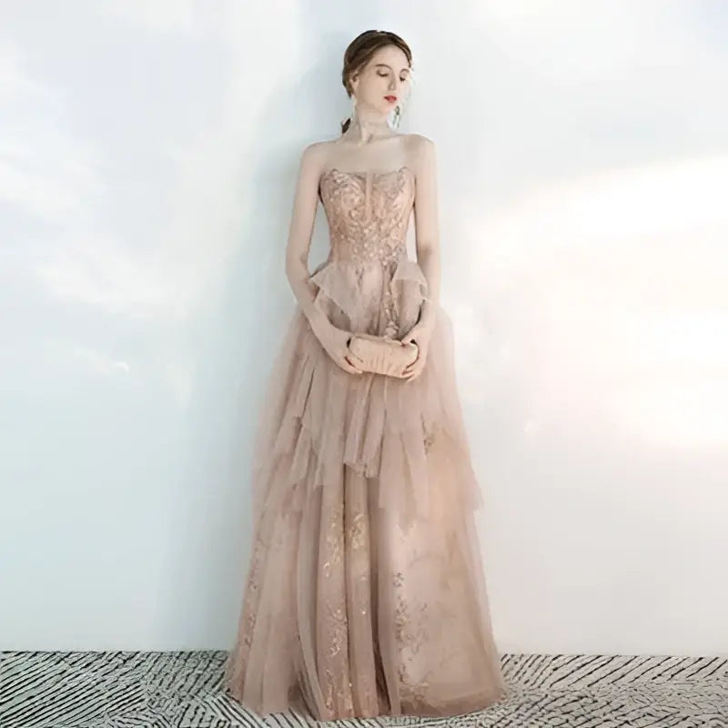 Embroidered champagne tulle gown view 3