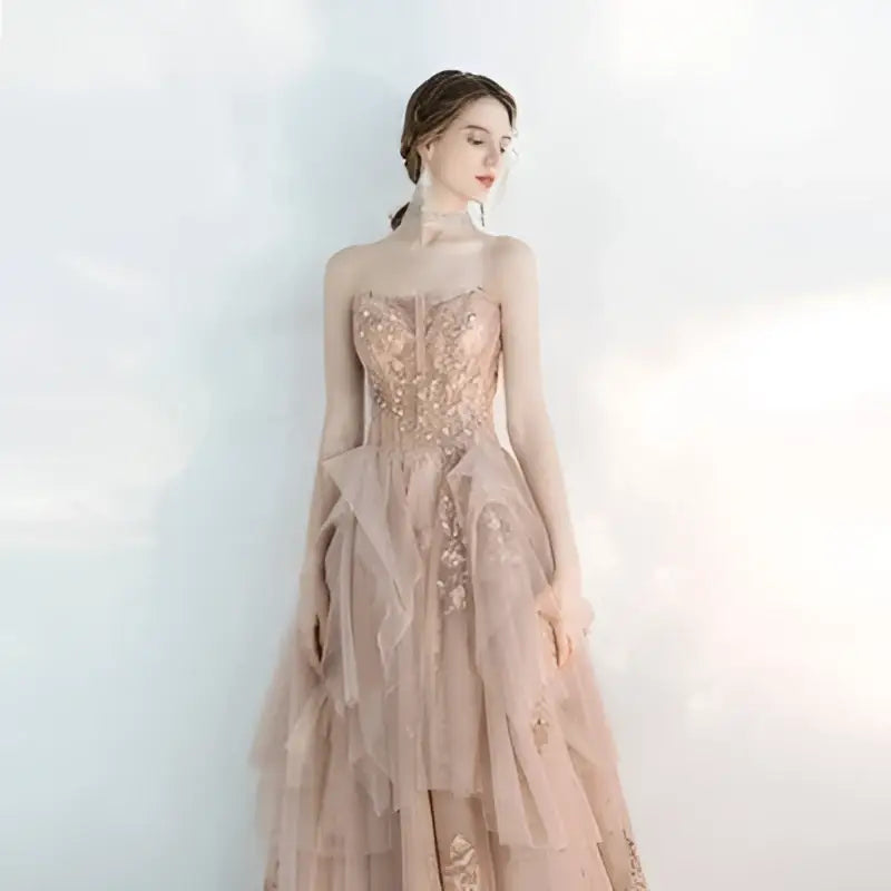 Champagne tulle ball gown full-length view 6