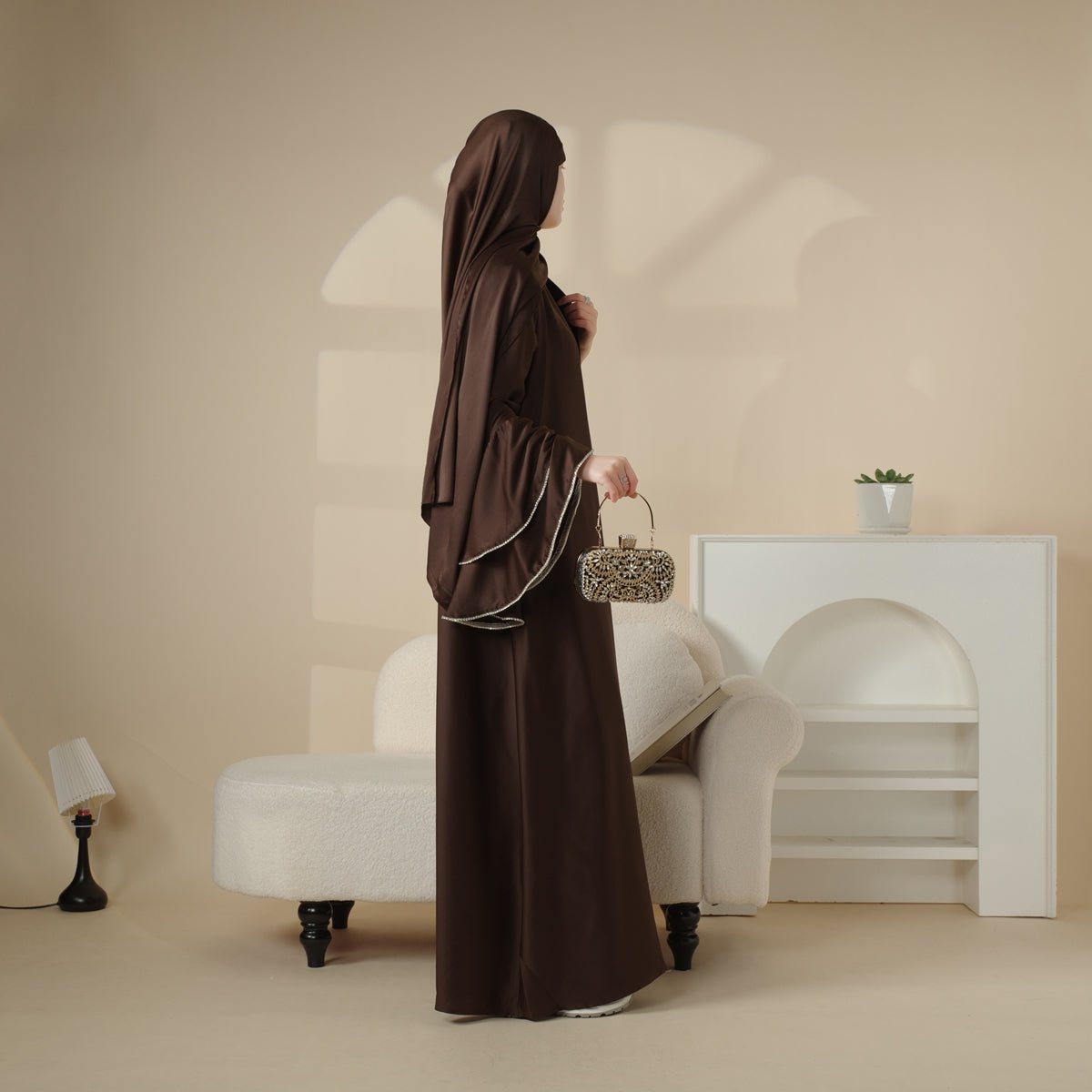 Crepe satin abaya with belt and hijab view 20