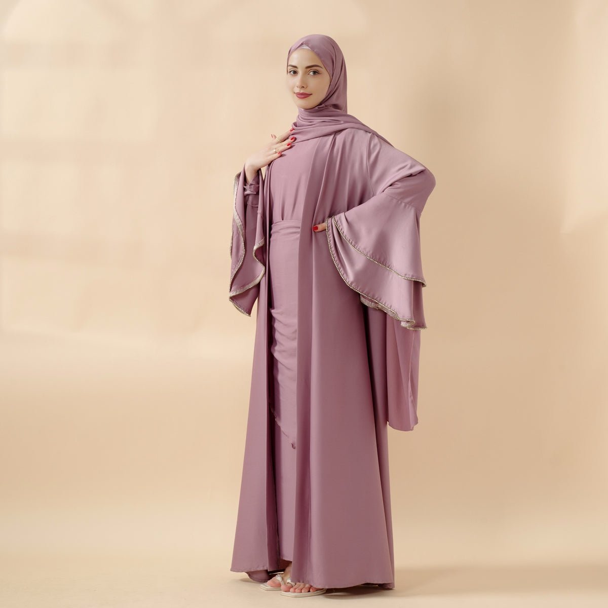 Crepe satin ruffle abaya set alternate view 2