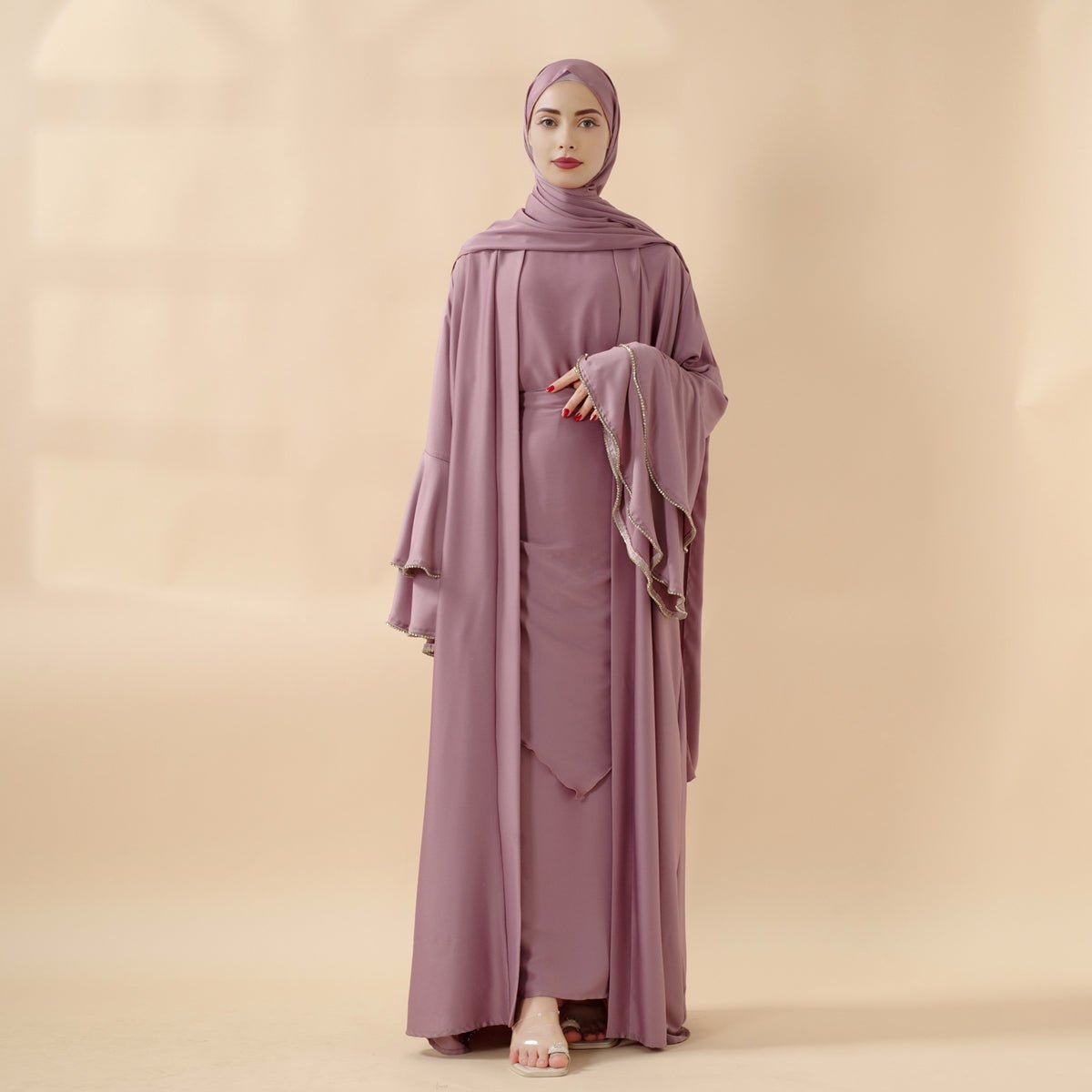 Crepe satin ruffle abaya set with layered occasion styling