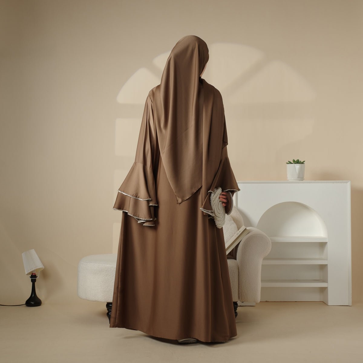 Crepe satin ruffle abaya set view 16