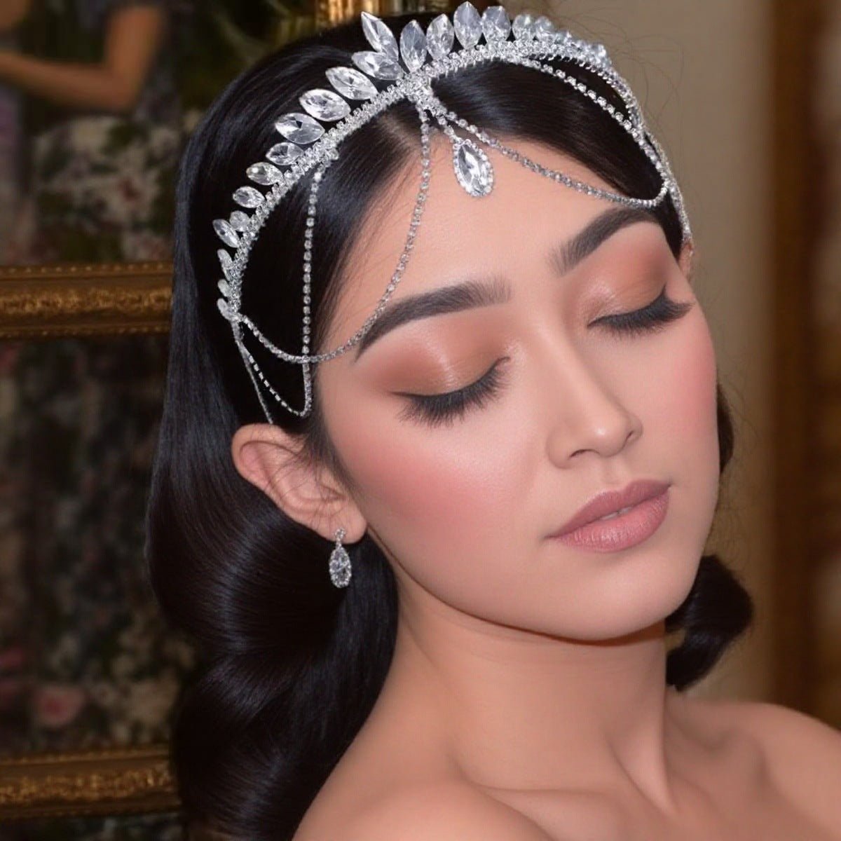 Silver-tone crystal tiara headband with cascading forehead chain