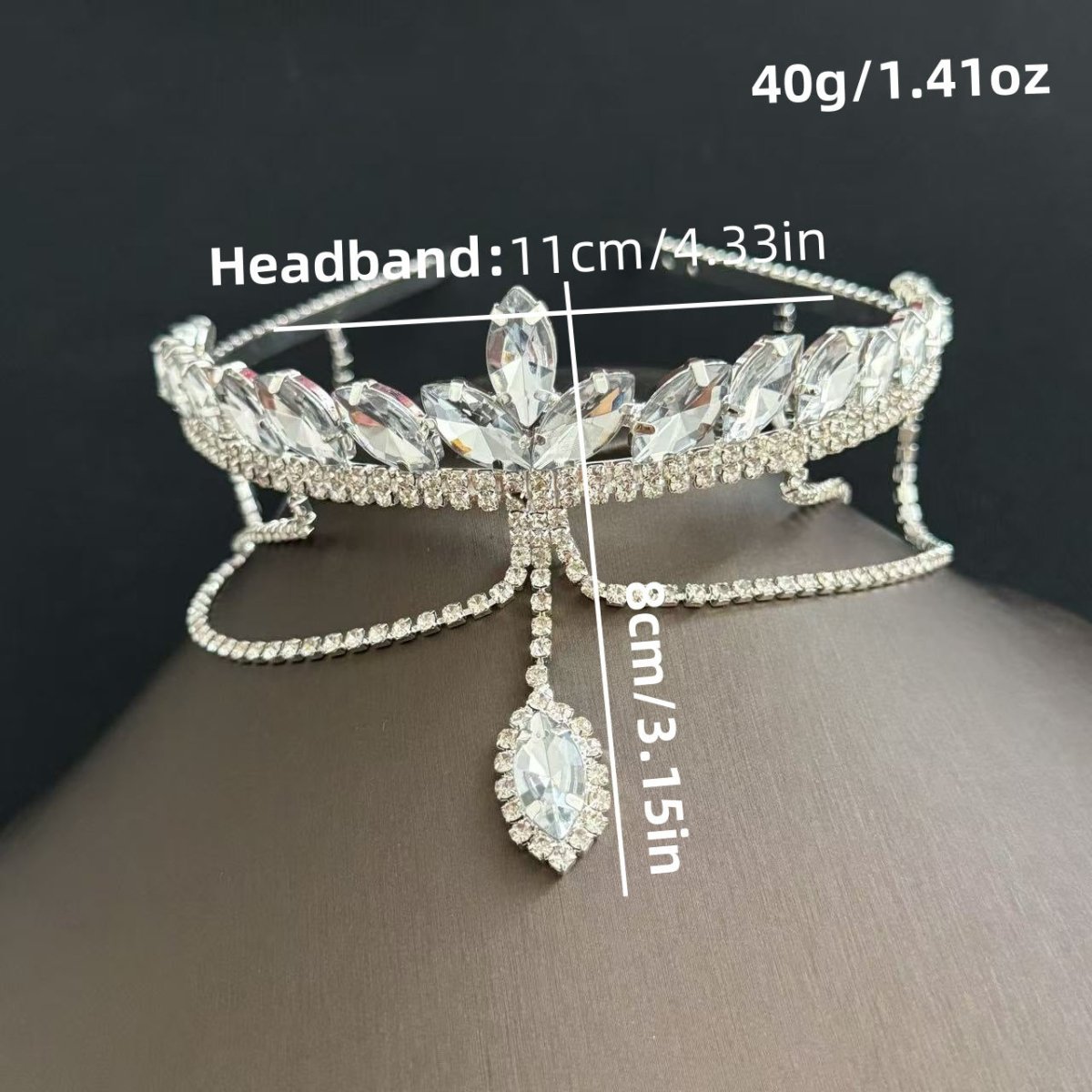 Silver-tone tiara headband with forehead chain view 3