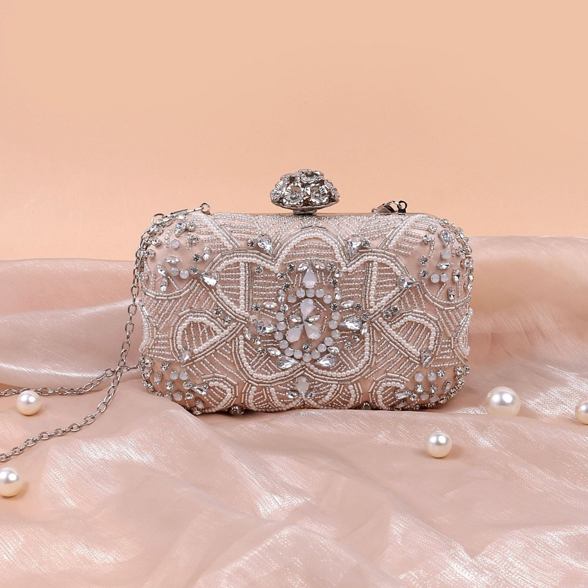 Beaded rhinestone evening clutch with structured metal frame
