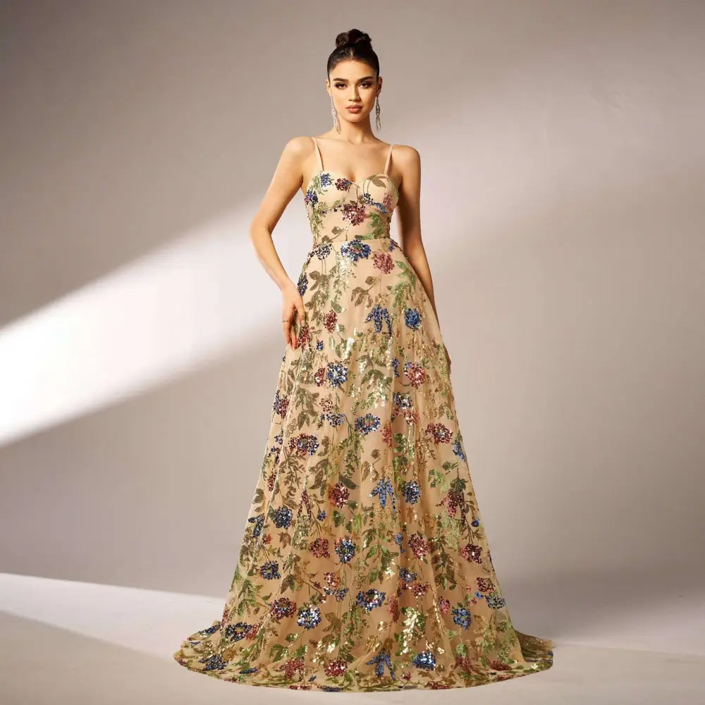 Floral sequin slip evening gown view 1