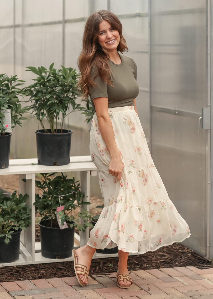 Helena maxi skirt showing tiered construction