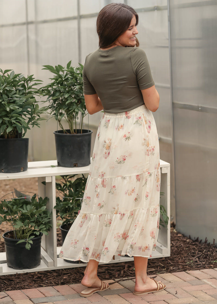 Floral-cream A-line maxi skirt with elastic waist