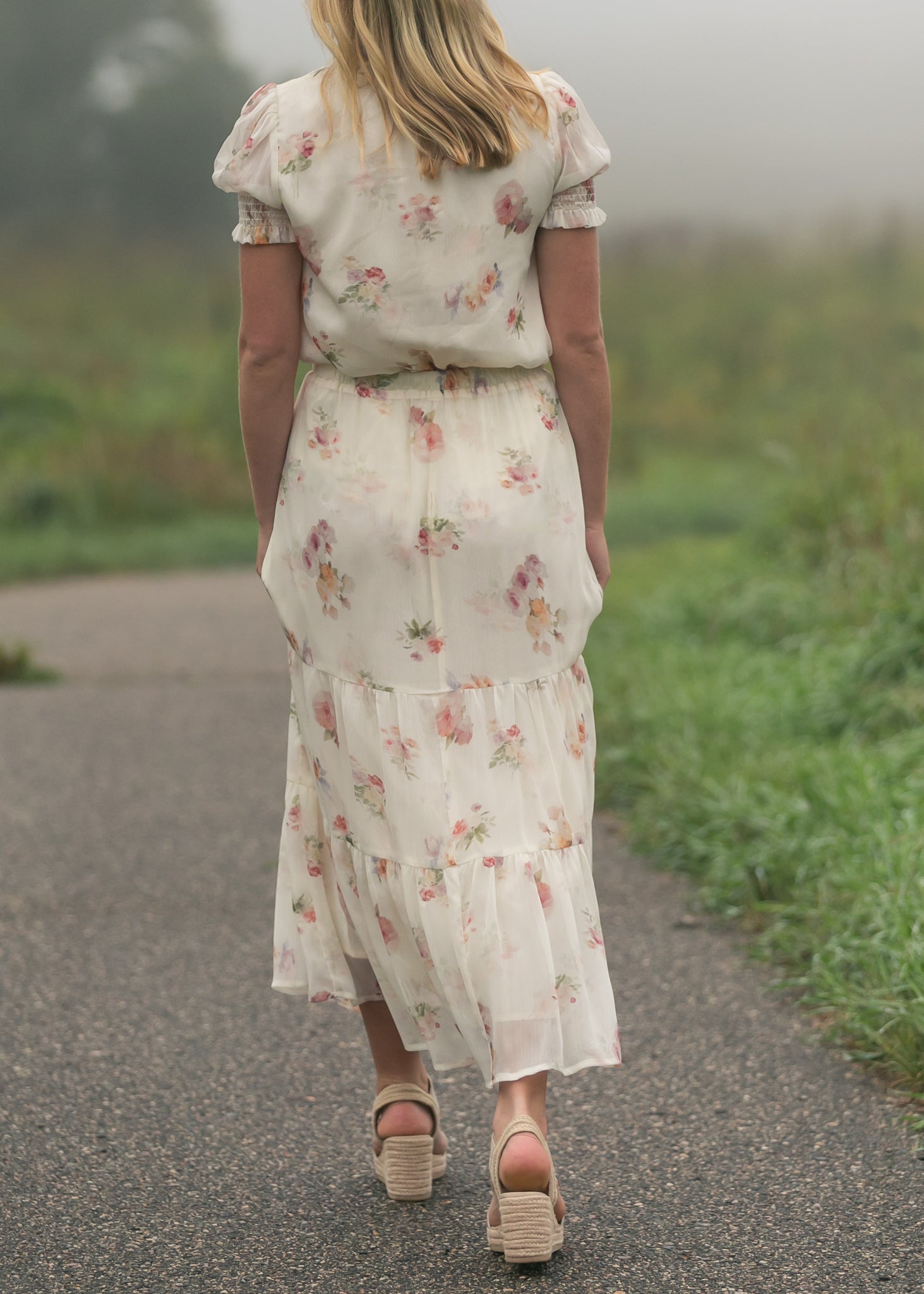 Floral-cream maxi skirt with soft A-line drape
