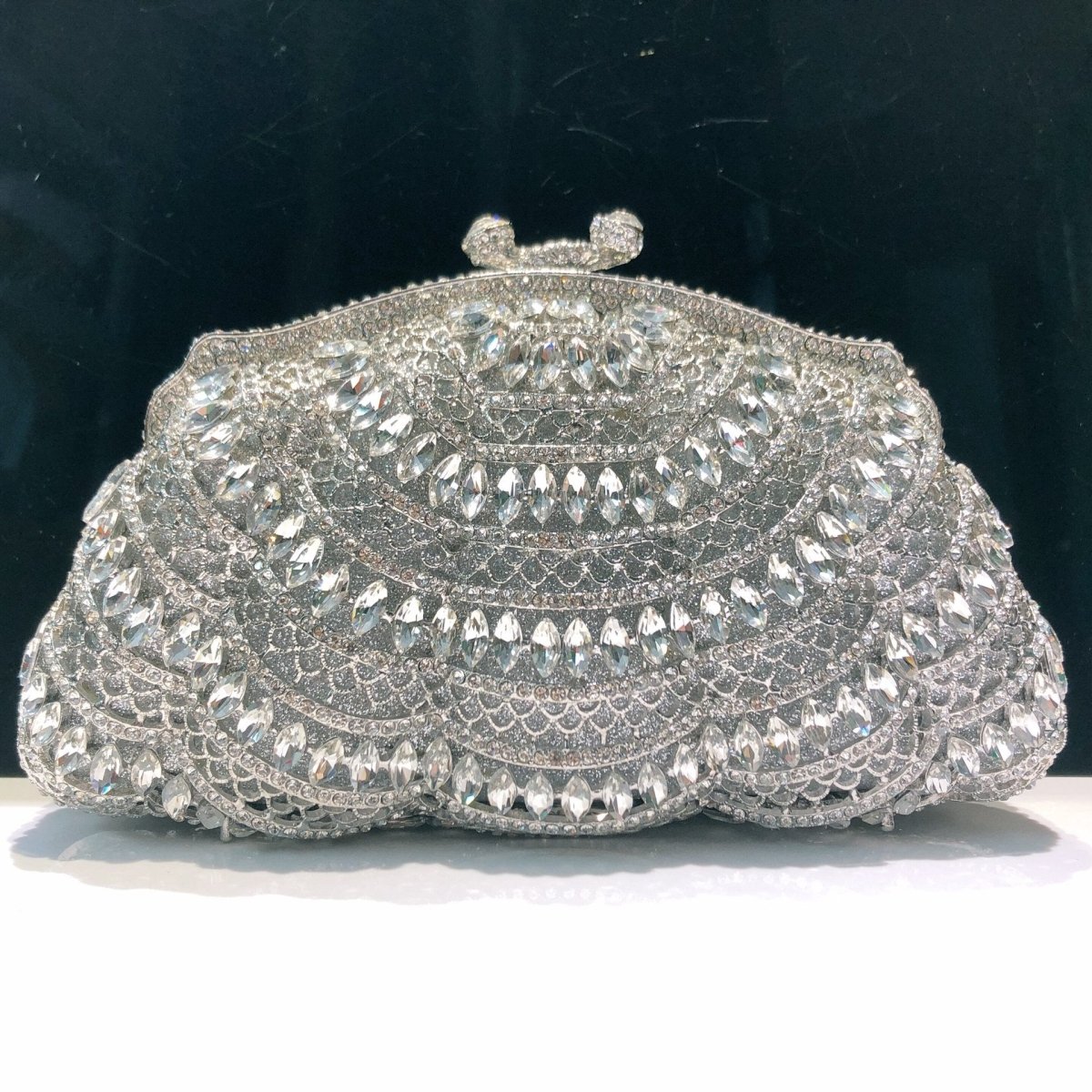 Crystal metal-frame evening clutch with hand-set embellishment